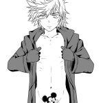  1boy black_and_white cloak creative_censorship disney gloves kingdom_hearts male male_only mickey_mouse monochrome nobody_(kingdom_hearts) open_coat roxas white_background 