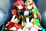  2_girls alluring big_breasts blonde_hair cleavage clothed koikoi_(artist) mythra nintendo panties pyra red_eyes red_hair xenoblade_(series) xenoblade_chronicles_2 yellow_eyes 