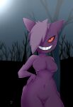  1girl anthro anthrofied breasts female_only fur furry furry_only gengar ghost ghost_girl grin hair hair_over_one_eye hound_wolf nintendo no_humans no_nipples nude original_character pokemon purple_hair purple_skin pussy smile teeth text thick_thighs thin_waist video_games watermark 