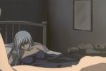 1girl animated animated_gif bed breasts code_geass dark_skin embarrassed fanservice gif gun hair long_hair lowres nipples nude ougi purple_hair silver_hair uncensored villeta_nu villetta_nu villetta_nu_(amnesia) weapon