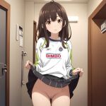  ai_generated brown_eyes brown_hair chivas hige_wo_soru._soshite_joshikousei_wo_hirou. lifted_by_self lifting_skirt long_hair long_sleeves looking_at_viewer nekom14 no_panties ogiwara_sayu pussy soccer_jersey 