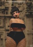 1girl 3d areola areola_slip arms_behind_back bangs big_breasts black_choker black_eyes black_hair black_lips black_lipstick black_shorts blunt_bangs blurry blurry_background breasts chel_(the_road_to_el_dorado) choker clothing dark-skinned_female dark_areolae dark_nipples dark_skin dummymummymommy earrings eyebrows eyeshadow female_only fishnet_legwear fishnet_pantyhose fishnets goth gothic high_resolution hoop_earrings huge_breasts jewelry large_areolae legwear lipstick looking_at_viewer makeup mole nipples pantyhose piercing short_hair shorts skindentation standing strapless the_road_to_el_dorado thick_eyebrows thick_thighs thighs topless under_boob very_dark_skin very_short_hair wardrobe_malfunction wide_hips