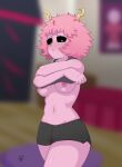  1girl areola big_breasts black_sclera breasts clothing female_only hair hound_wolf mina_ashido my_hero_academia nipples pink_hair pink_skin shirt shirt_lift shorts signature undressing yellow_eyes 