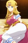  1girl alluring bed blonde_hair blue_eyes cape clothed dress gold koikoi_(artist) nintendo on_bed pin_up princess_zelda sash shoulder_pads the_legend_of_zelda the_legend_of_zelda:_a_link_between_worlds tiara zelda_(a_link_between_worlds) 