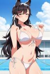 1girl ai_generated arm_behind_back atago_(azur_lane) azur_lane big_breasts bikini black_hair blush breasts brown_eyes cleavage dog_ears dog_girl female_only hair_ribbon long_hair outdoor_pool outside pool poolside pulling_bikini_string ribbon ship_girl smile solo_female vegaforge white_bikini white_ribbon 