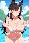  1girl ai_generated atago_(azur_lane) azur_lane big_breasts bikini black_hair blush breasts brown_eyes cleavage dog_ears dog_girl female_only hair_ribbon long_hair outdoor_pool outside pool poolside ribbon ship_girl smile solo_female vegaforge white_bikini white_ribbon 
