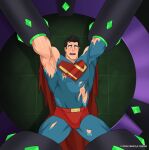 1boy 2026 armpit black_hair blue_eyes blush dc_comics helpless helpless_hero kryptonite male nipple restrained revealyoursins short_hair solo_male superman superman_(series) sweat torn_clothing