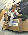  2009 anthro anthro_genet barefoot classroom demonstration digitigrade erlenmeyer_flask female female_anthro female_anthro_genet furry genet glasses green_eyes kacey kacey_miyagami labcoat laboratory lingerie long_hair science scientist solo teacher worm&#039;s-eye_view 