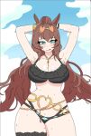  1girl 1girl armpits arms_up big_ass big_breasts bikini brown_hair female_only green_eyes heart-shaped_pupils heart_eyes licking licking_lips looking_at_viewer sweat sweatdrop thick_thighs thighs umamusume umamusume_pretty_derby 