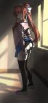  1girl 1girl ass brown_hair doki_doki_literature_club green_eyes light-skinned_female looking_at_viewer monika_(doki_doki_literature_club) panties panties_down school_uniform solo_female stockings teasing thighs tongue tongue_out undressing 