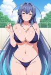 1girl ai_generated arms_behind_back azur_lane big_breasts bikini blue_bikini blue_eyes blue_hair blush breasts cleavage female_only long_hair new_jersey_(azur_lane) outdoor_pool outside pool poolside pulling_bikini_string ship_girl smile solo_female vegaforge
