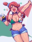 1girl american_flag american_flag_bikini american_flag_print big_breasts bikini blue_shorts blush breasts can closed_eyes commentary denim denim_shorts drunk flag_print flag_print_bikini fourth_of_july high_res holding holding_can lunatuneflowers mexican_flag one_side_up open_mouth pokemon pokemon_black_and_white print_bikini red_hair short_hair_with_long_locks short_shorts shorts sidelocks skyla_(pokemon) smile sweat swept_bangs swimsuit twitter