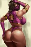  1girl 1girl arm_up armband arms ass ass_focus biceps big_ass big_breasts bitch black_hair breasts bubble_butt caucasian clothed dat_ass elbow_gloves fingerless_gloves from_behind hand_on_head huge_ass legs looking_at_viewer looking_back mask midriff mileena mortal_kombat muscular muscular_female pawg posing presenting revealing_clothes round_ass sexy sideboob slut standing thick thick_ass thick_thighs thong toned wide_hips x3 yellow_eyes 