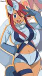 1girl 1girl bambi2000line big_breasts blue_boots blue_eyes blue_gloves blue_jacket blue_shorts boots breasts commentary_request crop_top cropped_jacket gloves gloves_over_sleeves hair_ornament hand_up high_res jacket midriff nintendo one_eye_closed one_side_up open_mouth pokemon pokemon_black_and_white pouch red_hair salute short_hair_with_long_locks short_shorts shorts sidelocks skyla_(pokemon) smile teeth thigh_pouch under-elbow_gloves upper_teeth_only