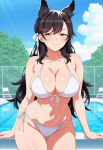  1girl ai_generated atago_(azur_lane) azur_lane big_breasts bikini black_hair blush breasts brown_eyes cleavage dog_ears dog_girl female_only hair_ribbon long_hair outdoor_pool outside pool poolside ribbon ship_girl smile solo_female vegaforge white_bikini white_ribbon 