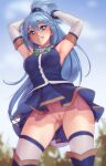 1girl 1girl 1girl aqua_(konosuba) armpits arms_up bangs big_breasts blue_eyes blue_footwear blue_hair blue_shirt blue_skirt blush boots breasts clothing covered_erect_nipples detached_sleeves dot_nose erect_nipples erect_nipples_under_clothes eyebrows_visible_through_hair footwear grin hair_between_eyes hair_rings high_resolution kono_subarashii_sekai_ni_shukufuku_wo! lips long_hair looking_at_viewer nipples nopan outside personalami pleated_skirt pussy raised_eyebrows see-through_skirt shiny shiny_hair shiny_skin shirt skirt sleeveless sleeveless_shirt smile standing stockings thick_thighs thigh_high_boots thighs viewed_from_below