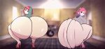 1girl 2_girls ass_ripple asstronsfw blurred_background clapping_cheeks gif gif goggles_on_head grey_jacket kim_pine looking_at_viewer looking_back looking_back_at_viewer pink_heels purple_and_pink_hair purple_heels ramona_flowers red_hair red_heels scott_pilgrim twerking