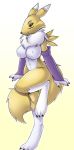 1_anthro 1_female 1_female_anthro 1girl 3_fingers 3_toes anthro anthro_canine anthro_fox anthro_vixen arm_warmers big_breasts breasts canine chest_tuft claws detached_sleeves digimon female female_anthro female_anthro_fox female_renamon fox fur furry linno looking_at_viewer nipple nude one_leg_up renamon smile solo standing tail toei_animation vixen white_fur yellow_fur yin_yang