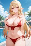 1girl ai_generated alice_(genshin_impact) big_breasts bikini bikini_top_aside blonde_hair blush breasts breasts_out female_only genshin_impact long_hair milf nipples orange_eyes outdoor_pool outside pointy_ears pool poolside red_bikini smile solo_female vegaforge