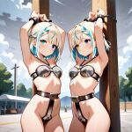  2_girls arms_above_head arms_up benmccannon benmccannon_(artist) bleached_blonde_hair bound_to_pole chastity chastity_belt chastity_bra chastity_device metal_restraints metal_shackles outside pole_bound sisters small_breasts twins wrist_cuffs 