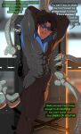 artist_request black_hair bondage boner dc_comics dialogue dick_grayson english_text fluids fully_clothed helpless_hero nightwing one_eye_closed pov skin_tight tentacle