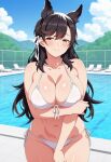  1girl ai_generated arm_under_breasts atago_(azur_lane) azur_lane big_breasts bikini black_hair blush breasts brown_eyes cleavage dog_ears dog_girl female_only hair_ribbon long_hair outdoor_pool outside pool poolside ribbon ship_girl smile solo_female vegaforge white_bikini white_ribbon 