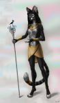 1girl 4_toes 5_fingers anthro avian bastet bird breasts casual_topless cat egyptian egyptian_mythology feline female furry gold_(metal) gold_bracelets gold_collar gold_jewelry nipples nude polearm silverone silverone_(artist) solo staff topless topless_anthro topless_female