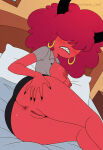 666_news_reporter_(hazbin_hotel) ass dark_red_hair demon demon_girl hair_over_eyes hazbin_hotel hoop_earrings imp panties_around_legs panties_down pussy sharp_teeth skirt spikey_teeth waifuchefcivitai