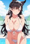  1girl ai_generated atago_(azur_lane) azur_lane big_breasts bikini black_hair blush breasts brown_eyes cleavage dog_ears dog_girl female_only hair_ribbon leaning_forward long_hair outdoor_pool outside pool ribbon ship_girl smile solo_female vegaforge white_bikini white_ribbon 