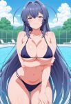 1girl ai_generated arm_under_breasts azur_lane big_breasts bikini blue_bikini blue_eyes blue_hair blush breasts cleavage female_only hand_on_own_thigh hand_on_thigh long_hair new_jersey_(azur_lane) outdoor_pool outside pool poolside ship_girl smile solo_female vegaforge