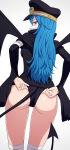 back_view backboob bare_thighs big_breasts big_breasts blue_hair demon_tail demon_wings gunko_(one_piece) high_res huge_ass huge_thighs light-skinned_female light_skin long_hair looking_back masked_female military_hat one_piece panties panties_pull pink_eyes shuri_(one_piece) thick_thighs thighs voluptuous voluptuous_female
