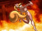  1600x1200 back blonde_hair breasts butt dancing dr_comet dr_comet_(artist) feline female fire flames furry green_eyes hair happy looking_at_viewer markings maya_(dr_comet) nude pink sideboob skimike solo tail wallpaper 