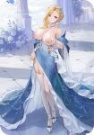 1girl anklets azur_lane big_breasts blonde_hair blue_dress blue_eyes bracelet breasts breasts_out clothed clothed_female detached_sleeves dress earrings edit female_only garter_straps hair_accessory hair_ornament high_heels hood_(azur_lane) mofumochii multicolored_dress nipples pearl_anklets ring ship_girl silver_high_heels solo_female stockings third-party_edit white_dress white_garter_straps white_stockings