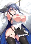  1girl 1girl 1girl arm_behind_head armpits bangs big_breasts black_legwear black_panties black_underwear blue_cape blue_eyes blue_hair blush bow bow_earrings breasts breasts_out_of_clothes cape chain clothing detached_sleeves earrings eyebrows_visible_through_hair floating_hair hair_intakes hanuma_hanma headband headwear hololive hololive_english jewelry legwear looking_at_viewer mechanical_halo nipples open_mouth ouro_kronii panties shiny shiny_skin shirt short_hair skindentation sleeveless sleeveless_shirt standing stockings underwear virtual_youtuber 