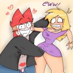  1boy 1boy1girl 1girl blaehine blush breasts crossed_eyes danais_mcqueen disgusted_expression disgusted_face fluids genital_fluids harassment haruki_teshigawara hearts_around_head horny_male lifting_dress old_art original original_character pants_pulled_down pussy_juice sexual_assault sexual_harassment short_dress surprised underpants underwear 
