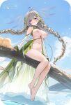 1girl azur_lane barefoot big_breasts blush breasts detached_sleeves edit evertsen_(azur_lane) female_only flowers flowers_in_hair grey_hair long_hair mofumochii nipples outside partially_clothed pointy_ears purple_eyes ship_girl sitting_on_branch smile solo_female third-party_edit twin_braids