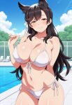  1girl ai_generated arm_behind_back atago_(azur_lane) azur_lane big_breasts bikini black_hair blush breasts brown_eyes cleavage dog_ears dog_girl female_only hair_ribbon long_hair outdoor_pool outside pool poolside pulling_bikini_string ribbon ship_girl smile solo_female vegaforge white_bikini white_ribbon 