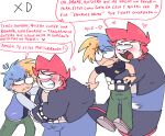 2boys awkward behind_another behind_back blaehine blonde_hair blue_hair blush collage drake_mcqueen fat_man haruki_teshigawara homosexual horny horny_male jacket looking_at_another looking_pleasured male male_only masturbation masturbation_through_clothing oc ocs original original_character original_characters plump red_hair sexual_harassment spanish spanish_text teen text touching_penis uncomfortable white_background yaoi