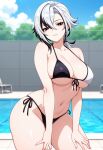  1girl ai_generated arlecchino_(genshin_impact) big_breasts bikini black_bikini_bottom black_bikini_top black_eyes black_hair breasts cleavage female_only genshin_impact hands_on_own_thighs hands_on_thighs long_hair low_ponytail multicolored_bikini multicolored_hair outdoor_pool outside pool poolside red_pupils seductive_eyes seductive_look seductive_smile smile solo_female vegaforge white_bikini_top white_hair x-shaped_pupils 