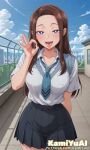 ai_generated amane_kei bare_thighs big_breasts big_breasts blue_eyes brown_hair fellatio_gesture grin gyaru huge_breasts huge_thighs light-skinned_female light_skin long_hair looking_at_viewer otaku_ni_yasashii_gal_wa_inai!? saliva school_uniform schoolgirl solo_female squatting sweat sweatdrop thick_body thick_female thick_thighs thighs tongue_out voluptuous voluptuous_female