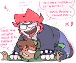 2boys annoyed annoyed_expression behind_another blaehine brunette clothing dominant_male from_behind from_behind_position gay_male haruki_teshigawara hat holding_arms kale_kaleski male male/male male_on_top oc ocs on_top original original_character original_characters red_hair spanish_text submissive_male text tongue tongue_out ushanka white_background yaoi