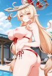 1girl ai_generated alice_(genshin_impact) big_breasts bikini blonde_hair blush bow breasts breasts_out female_only genshin_impact long_hair milf nipples orange_eyes outdoor_pool outside pointy_ears pool red_bikini red_bow smile solo_female string_bikini vegaforge witch_hat