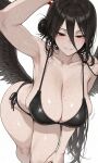 0xkaisa 1girl ai_generated armpits ass bikini black_hair blue_archive blush breasts collarbone grin halo hasumi_(blue_archive) huge_ass huge_breasts leaning_forward light-skinned_female light_skin looking_at_viewer nsfw pov sfw smile smirk standing sweat sweatdrop sweating swimsuit thick_thighs thighs white_background wings