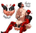2boys arms_behind_back cado clenched_teeth clothed_male_nude_male cmnm cuffs deadpool logan_(x-men) male male_feet male_only marvel musical_note mutant_(marvel) no_visible_genitalia nude nude_male resisting sucking_nipple sweat sweaty_feet tickling tickling_feet wade_wilson white_background wolverine_(x-men) yaoi