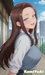 ai_generated amane_kei big_breasts big_breasts blue_eyes brown_hair grin gyaru huge_breasts light-skinned_female light_skin long_hair looking_at_viewer otaku_ni_yasashii_gal_wa_inai!? school_uniform schoolgirl sideboob solo_female thick_body thick_female voluptuous voluptuous_female