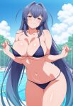 1girl ai_generated azur_lane big_breasts bikini blue_bikini blue_eyes blue_hair blush breasts cleavage female_only long_hair new_jersey_(azur_lane) outdoor_pool outside pool poolside pulling_bikini_string ship_girl smile solo_female vegaforge