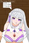  big_breasts big_penis blush breasts brick_wall emilia_(re:zero) eyebrows_visible_through_hair eyelashes grey_hair hair hair_ornament heart-shaped_pupils licking licking_lips paizuri precum purple_eyes sweat text text_box 
