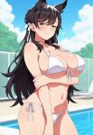  1girl ai_generated arm_under_breasts atago_(azur_lane) azur_lane big_breasts bikini black_hair blush breasts brown_eyes cleavage dog_ears dog_girl female_only hair_ribbon long_hair outdoor_pool outside pool poolside ribbon ship_girl smile solo_female vegaforge white_bikini white_ribbon 