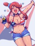 1girl american_flag american_flag_bikini american_flag_print big_breasts bikini blue_shorts blush breasts can closed_eyes commentary denim denim_shorts drunk flag_print flag_print_bikini fourth_of_july high_res holding holding_can lunatuneflowers one_side_up open_mouth pokemon pokemon_black_and_white print_bikini puerto_rican puerto_rican_flag red_hair short_hair_with_long_locks short_shorts shorts sidelocks skyla_(pokemon) smile sweat swept_bangs swimsuit twitter