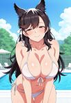  1girl ai_generated atago_(azur_lane) azur_lane big_breasts bikini black_hair blush breasts brown_eyes cleavage dog_ears dog_girl female_only hair_ribbon leaning_forward long_hair outdoor_pool outside pool poolside ribbon ship_girl smile solo_female vegaforge white_bikini white_ribbon 